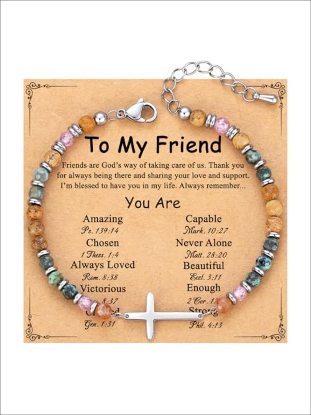 Christian Cross Bracelet Strand Natural Stone 7.4"